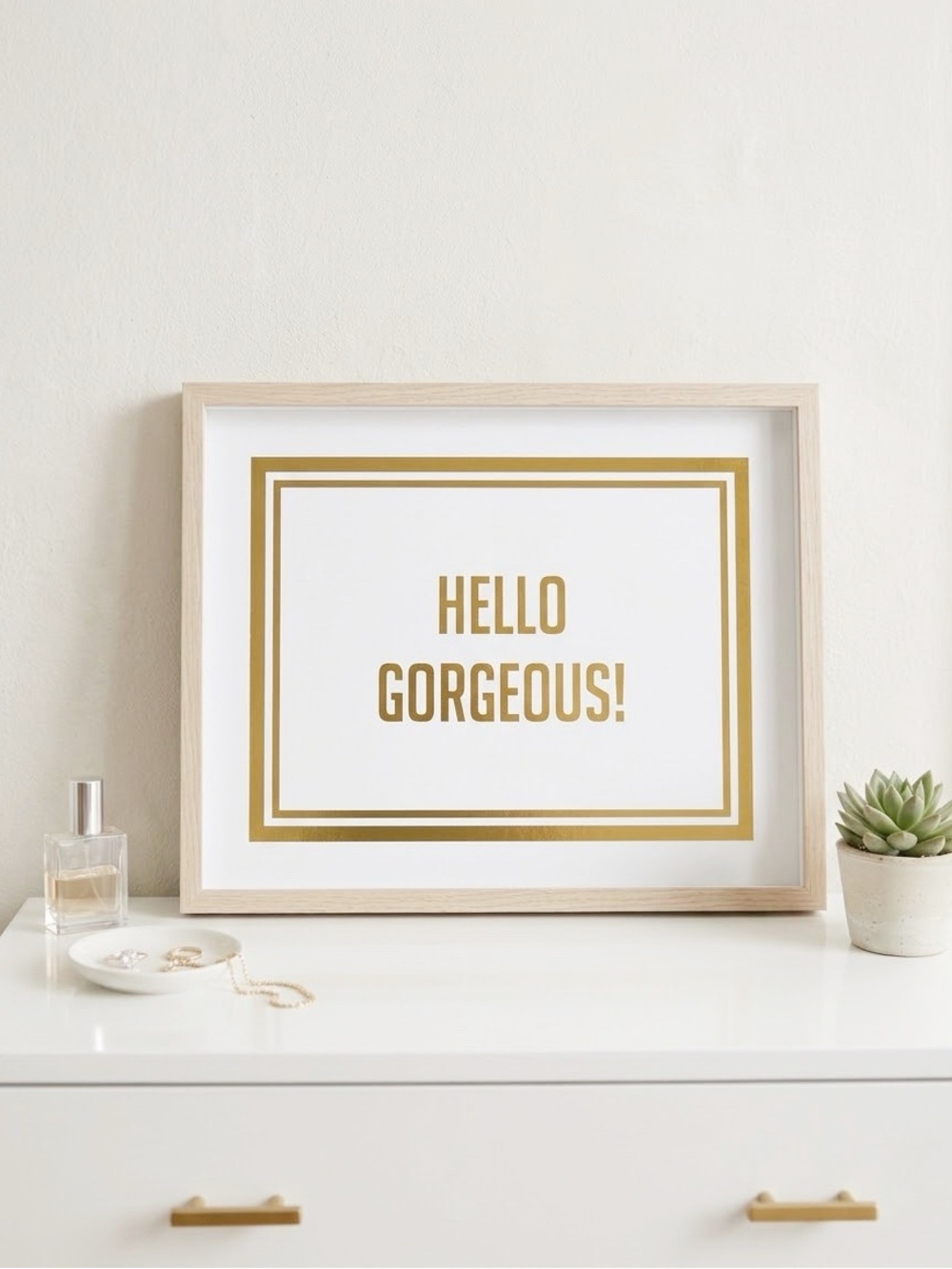 NEW "Hello Gorgeous!" Gold Foil Hanging Wood Framed Wall Art Print 14.5" x 11.5"